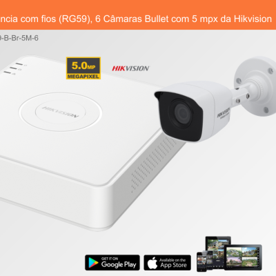 Sistema de Videovigilância com fios (RG59), 6 Câmaras Bullet com 5 mpx da Hikvision
