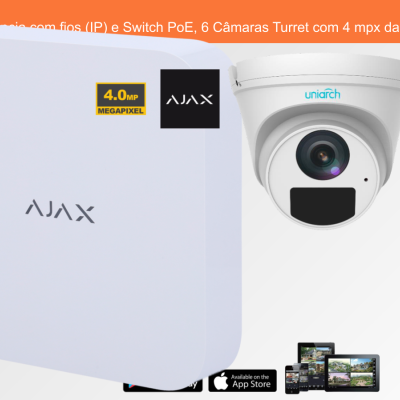 Sistema de Videovigilância com fios (IP) e Switch PoE, 6 Câmaras Turret com 4 mpx da Ajax