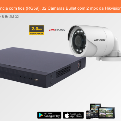 Sistema de Videovigilância com fios (RG59), 32 Câmaras Bullet com 2 mpx da Hikvision