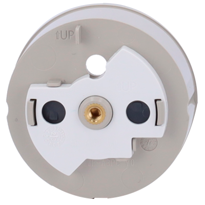 Dispositivo redondo de plástico bege e branco com orifício central e inscrição '1UP'