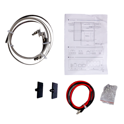 Conjunto de acessórios para painel elétrico com cabos, parafusos e diagrama
