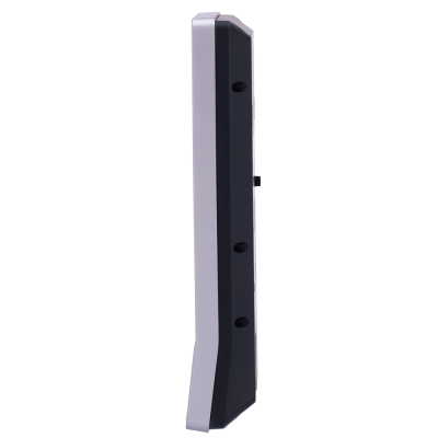 Control remoto de televisão preto e cinza visto de perfil.