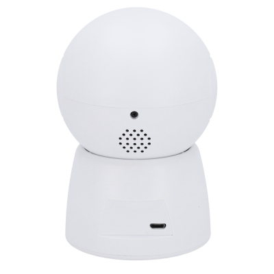 Câmara de vigilância branca, esférica, com orifício para microfone e altifalante