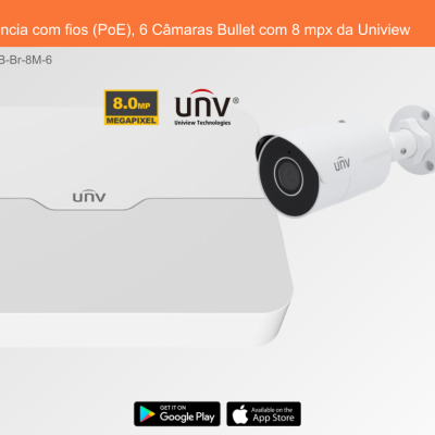 Sistema de videovigilância PoE com câmara bullet branca e caixa branca rectangular junto a texto e logótipos