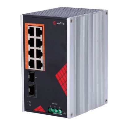 Switch Safire de Alimentação AC industrial 90~264V 8 portas Gigabit + 2 SFPs Gigabit 6 Portas PoE+ 30W + 2 Portas Hi-PoE 60W-Safire SF-SWI1008HIPOE-GF-AC-130-DIN