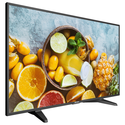Televisor com imagem de frutas tropicais e sumo