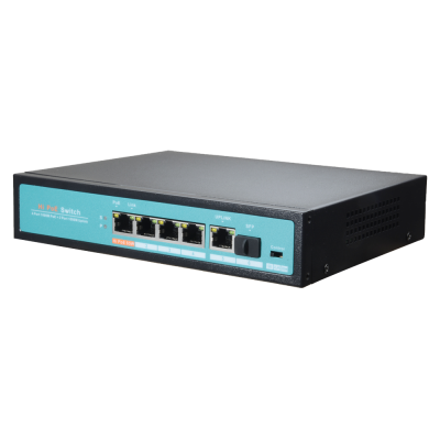 Switch de rede Hi POE preto com painel frontal azul e quatro portas Ethernet.