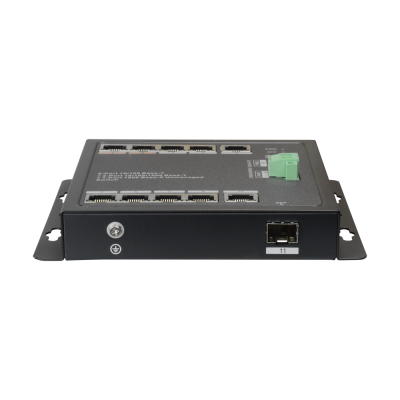 Switch de rede Ethernet industrial cinza com várias portas