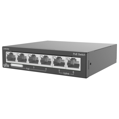 Switch PoE preto com 6 portas Ethernet e texto indicativo nas portas