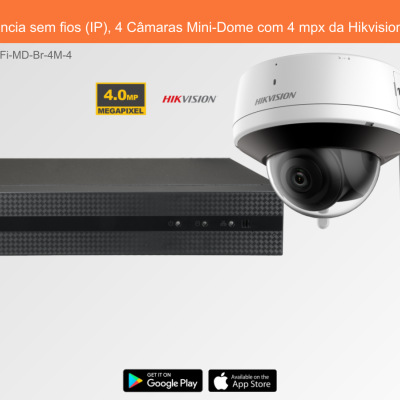 Sistema de videovigilância com gravador preto e câmara mini-dome branca