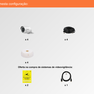 Sistema de Videovigilância com fios (RG59), 4 Câmaras Bullet com 2 mpx da Hikvision