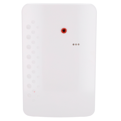 Dispositivo eletrónico branco com orifícios, botão vermelho e três pontos cinza
