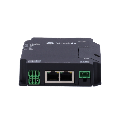 Dispositivo eletrónico Milesight UR25 preto com portas Ethernet e conectores verdes