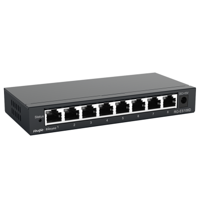 Comutador de rede preto Ruijie com 8 portas Ethernet e LEDs de status