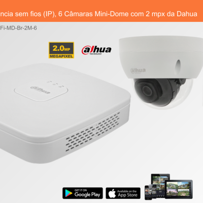 Sistema de Videovigilância sem fios (IP), 6 Câmaras Mini-Dome com 2 mpx da Dahua