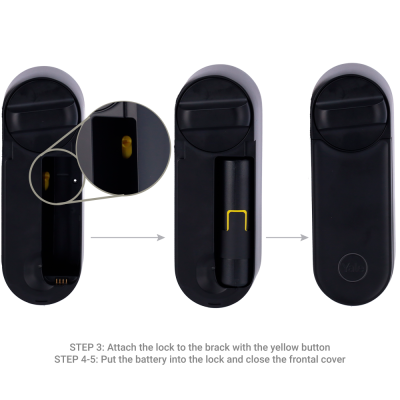 Cadeado inteligente preto com tampa removível e instruções em inglês para instalação da bateria