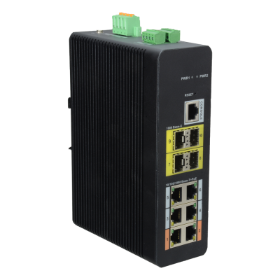 Switch industrial preto com portas Ethernet e conexões verdes no topo.