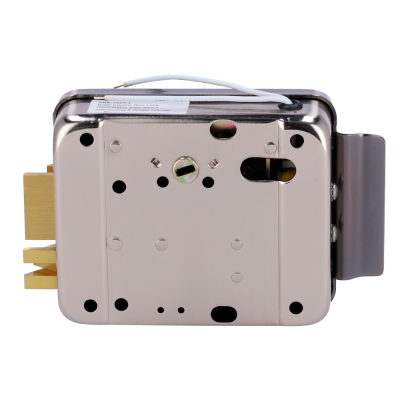 Fechadura elétrica metálica prateada com cabo branco