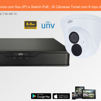 Sistema de Videovigilância com fios (IP) e Switch PoE, 16 Câmaras Turret com 8 mpx da Uniview