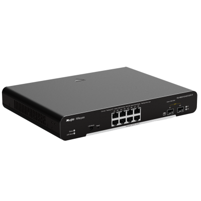 Comutador de rede preto com oito portas Ethernet e LEDs indicadores