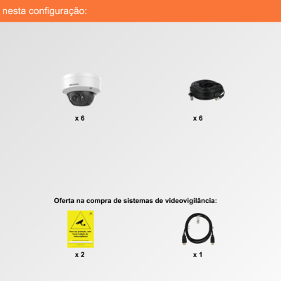 Componentes de sistema de videovigilância com câmaras, cabos, suportes, rato e sinais de aviso.