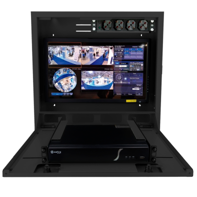 Equipamento de vigilância com monitor e dispositivo Safire em armário metálico cinzento.