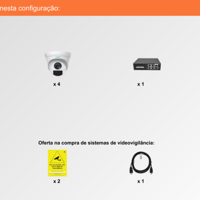 Sistema de Videovigilância com fios (IP) e Switch PoE, 4 Câmaras Turret com 4 mpx da Ajax