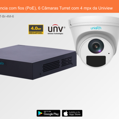 Sistema de Videovigilância com fios (PoE), 6 Câmaras Turret com 4 mpx da Uniview Sistema de Videovigilância com fios (PoE), 6 Câmaras Turret com 4 mpx da Uniview