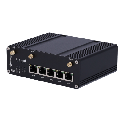 Dispositivo de rede preto com portas LAN, WAN e antenas Wi-Fi