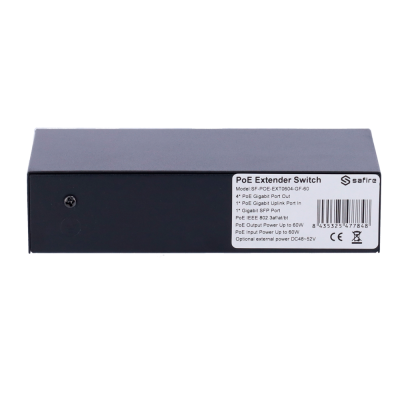 Interruptor PoE Extender Safire preto com etiqueta branca técnica