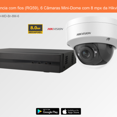 Sistema de videovigilância com 6 câmaras Mini-Dome Hikvision e gravador