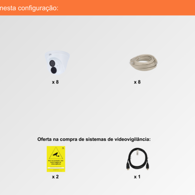 Componentes de sistema de videovigilância com câmaras, cabos, sinais e rato em fundo branco