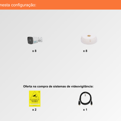 Componentes de sistema de videovigilância em fundo branco com texto em português.