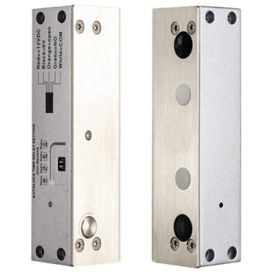 Fechadura elétrica metálica com parafusos e instruções de ligação em texto preto.