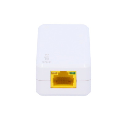 Adaptador de rede branco com porta Ethernet amarela e luzes indicadoras