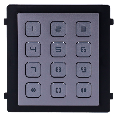 Teclado numérico cinza com moldura preta e 12 botões com números e símbolos.