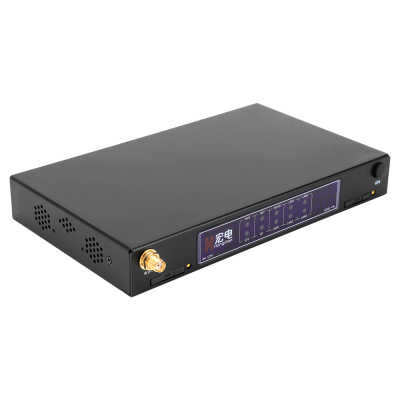 Dispositivo eletrónico preto com ecrã digital e antena dourada