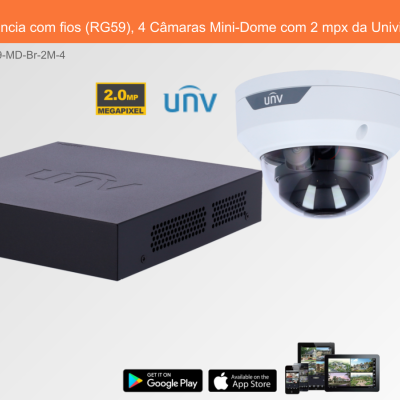 Sistema de Videovigilância com fios (RG59), 4 Câmaras Mini-Dome com 2 mpx da Uniview