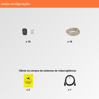 Componentes para sistema de videovigilância com câmaras, cabos e acessórios