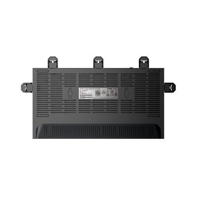 Parte inferior de dispositivo eletrônico preto com etiqueta técnica e suportes dobráveis.