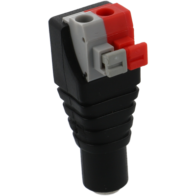 Conector elétrico preto com terminais cinza e vermelho