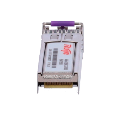 Módulo SFP Ruijie Network prateado com etiqueta branca e texto vermelho e preto