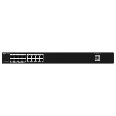 Switch de rede preto com 16 portas Ethernet e texto branco