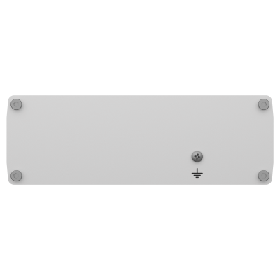 Parte inferior de dispositivo eletrónico branco com pés de borracha e parafuso central