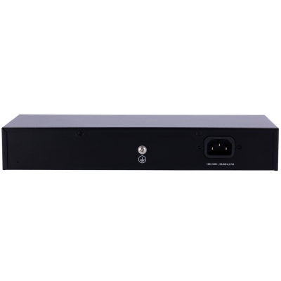 Dispositivo eletrónico preto com entrada de energia e texto branco atrás