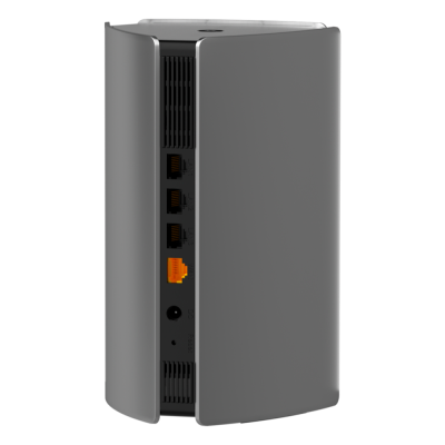 Dispositivo eletrónico cinzento com portas de rede e entrada de alimentação