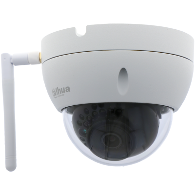Câmara de segurança de dossel Dahua branca com cúpula transparente escura e antena lateral