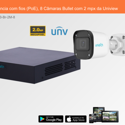 Sistema de Videovigilância com fios (PoE), 8 Câmaras Bullet com 2 mpx da Uniview