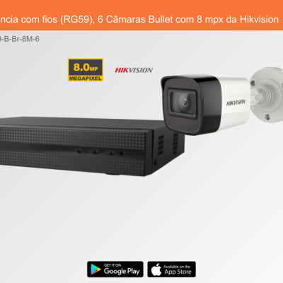 Sistema de Videovigilância com fios (RG59), 6 Câmaras Bullet com 8 mpx da Hikvision