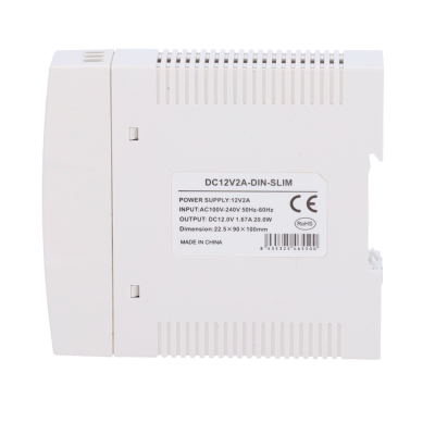 Fonte de alimentação DC12V2A-DIN-SLIM branca com etiqueta técnica